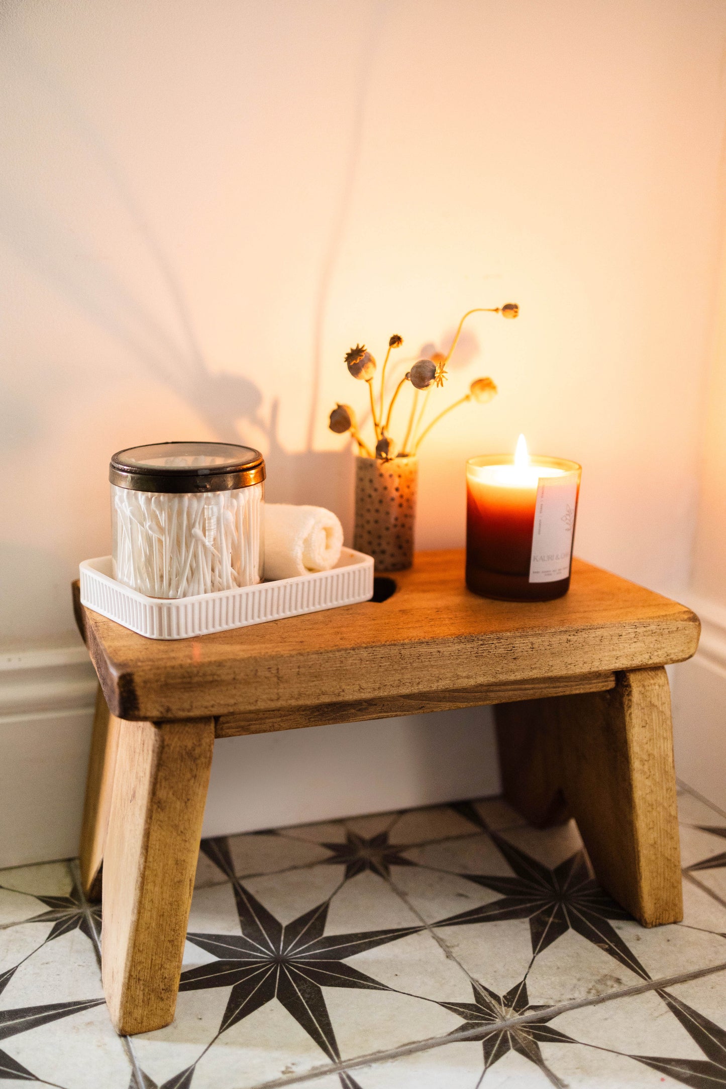 Rustic Small Children's Stool with Heart Carving