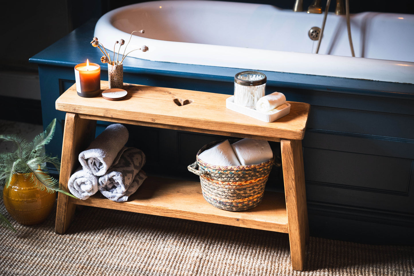 Versatile Wooden Bench with Heart Carving