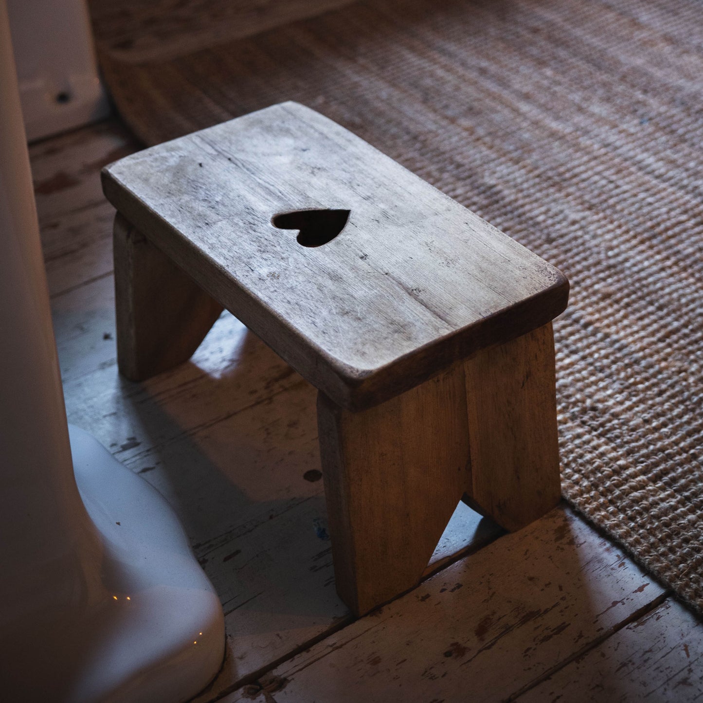 Rustic Small Children's Stool with Heart Carving