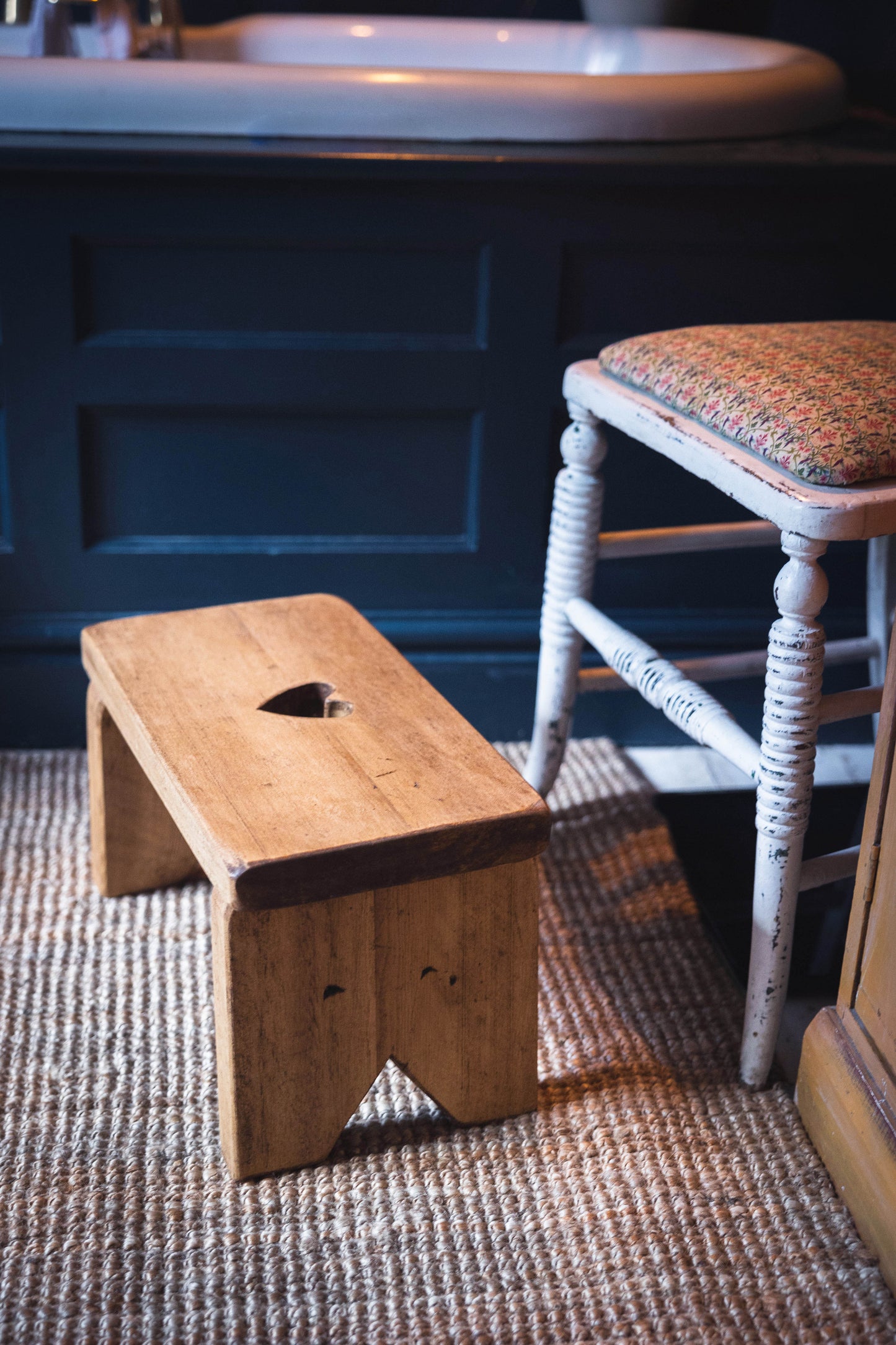 Rustic Small Children's Stool with Heart Carving