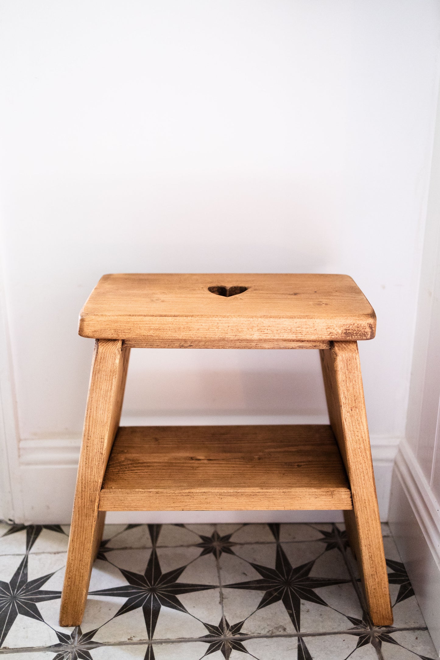 Handmade Wooden Side Table with Heart Carving