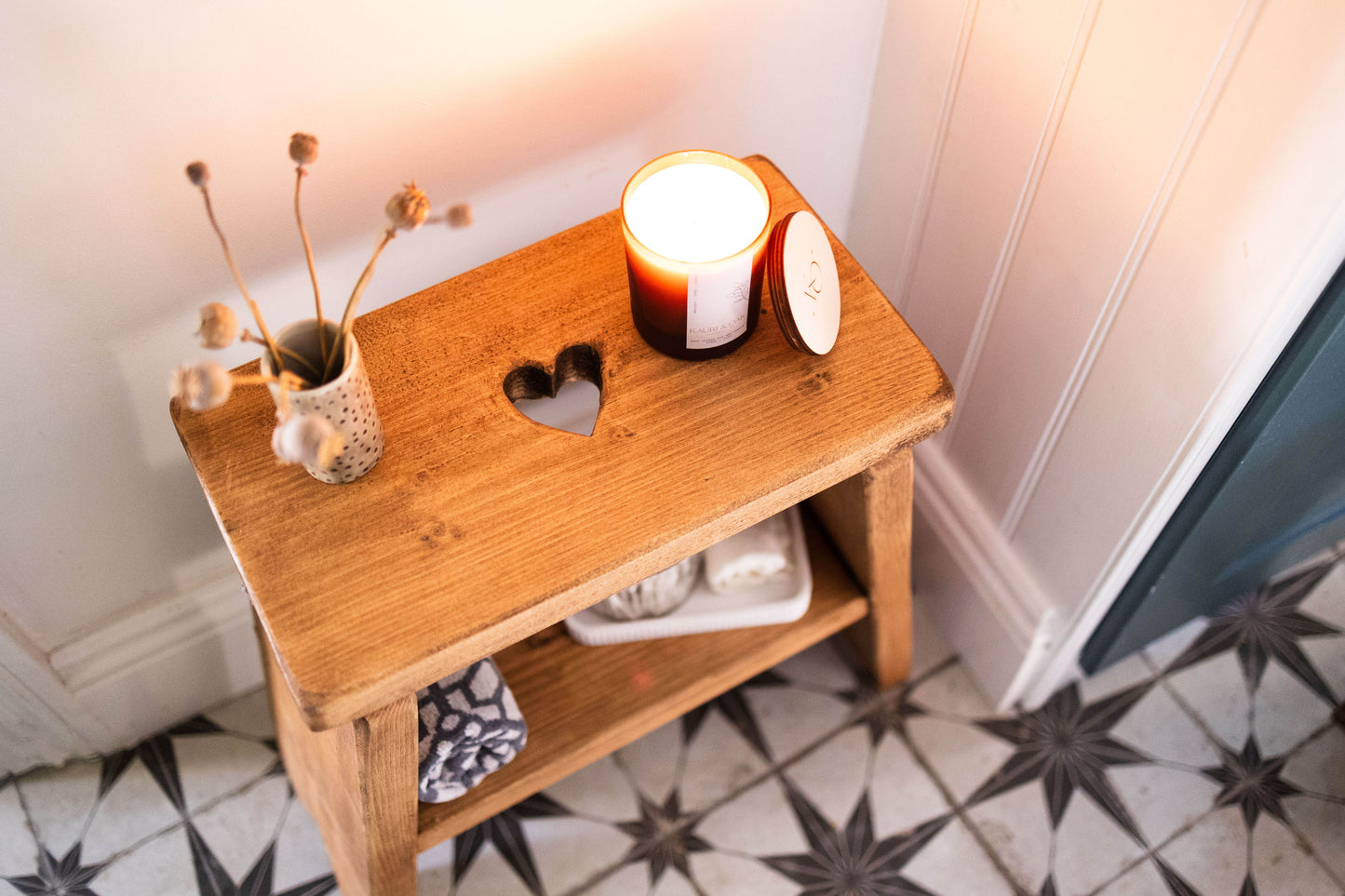 Handmade Wooden Side Table with Heart Carving