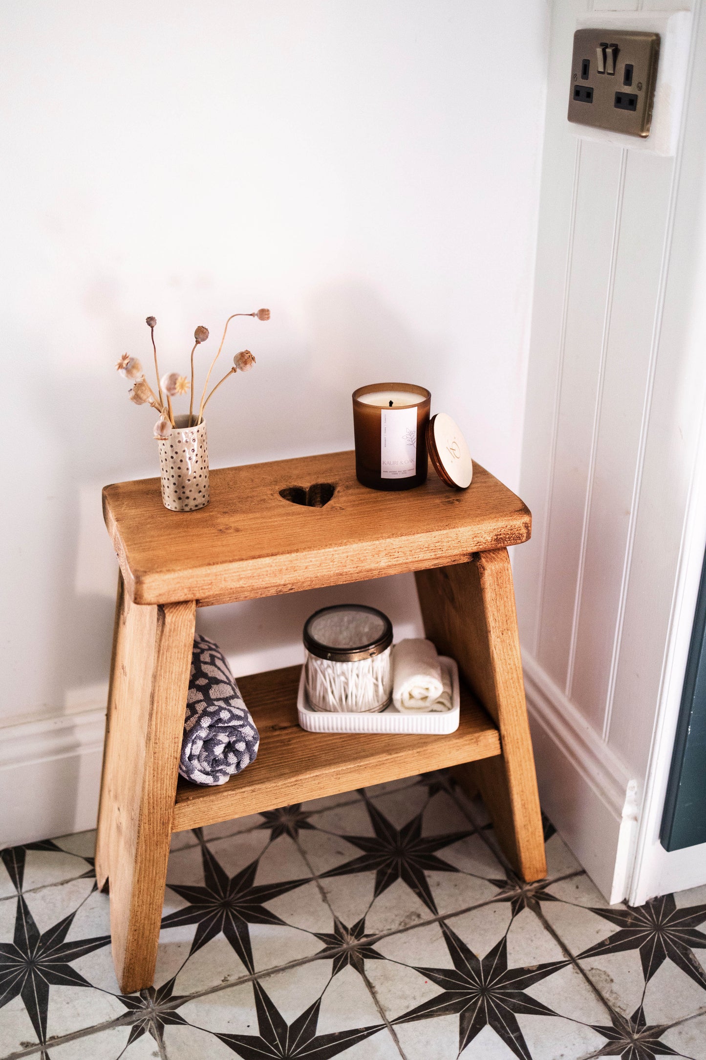 Handmade Wooden Side Table with Heart Carving