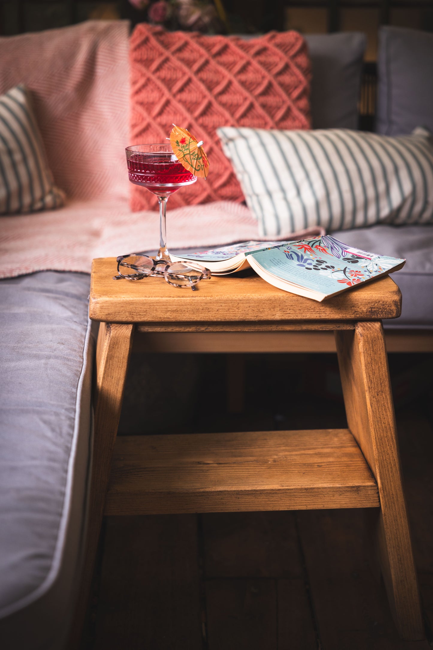 Handmade Wooden Side Table with Heart Carving